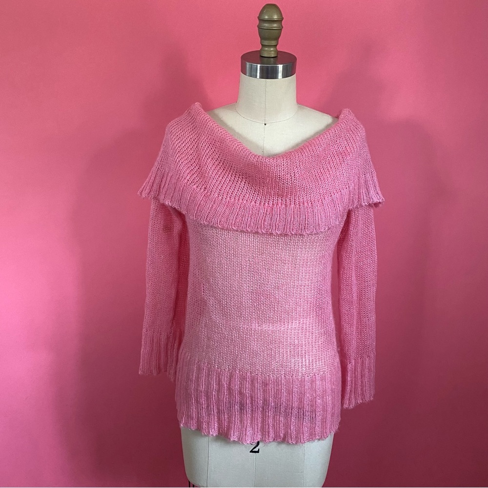 Vintage Y2K Off Shoulder Mohair Blend Loose Knit Net Bright Pink Net Sweater S